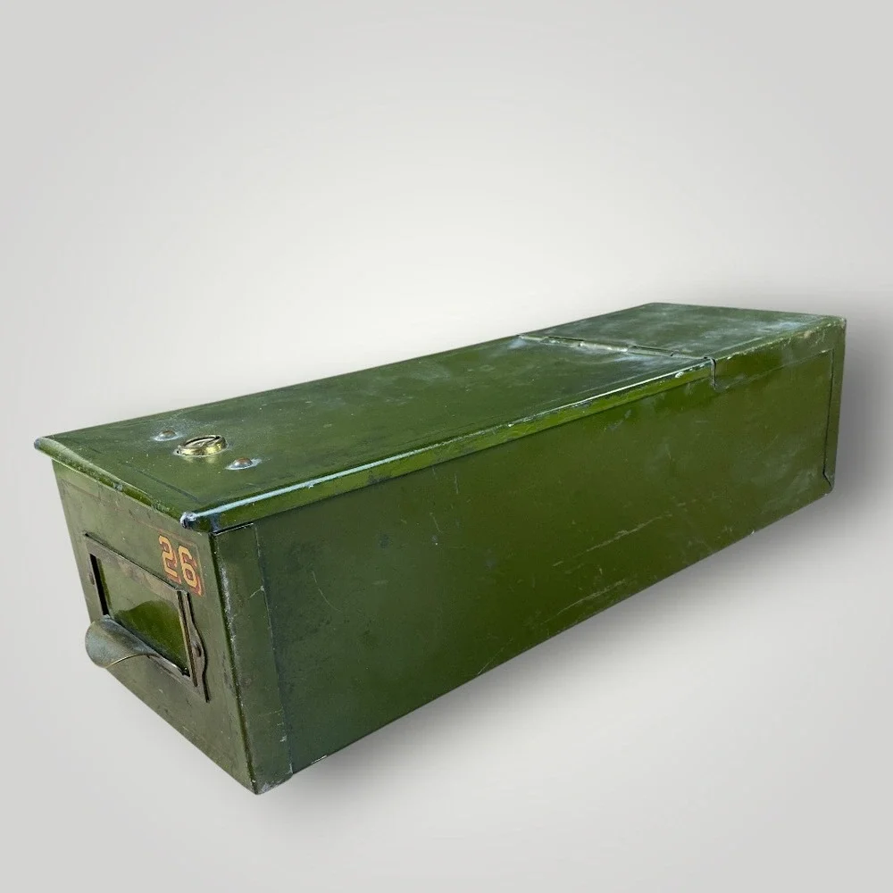 Safety Deposit Box Army Green Baked Enamel Metal 1940s Louis F Dow Co
